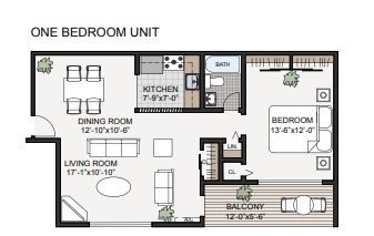 Floor plan for 1 bed, 1 bath, 697 sqft